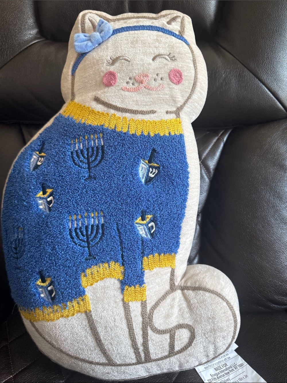 Vintage Plush Cat Holiday Pillow in Blue and Cream